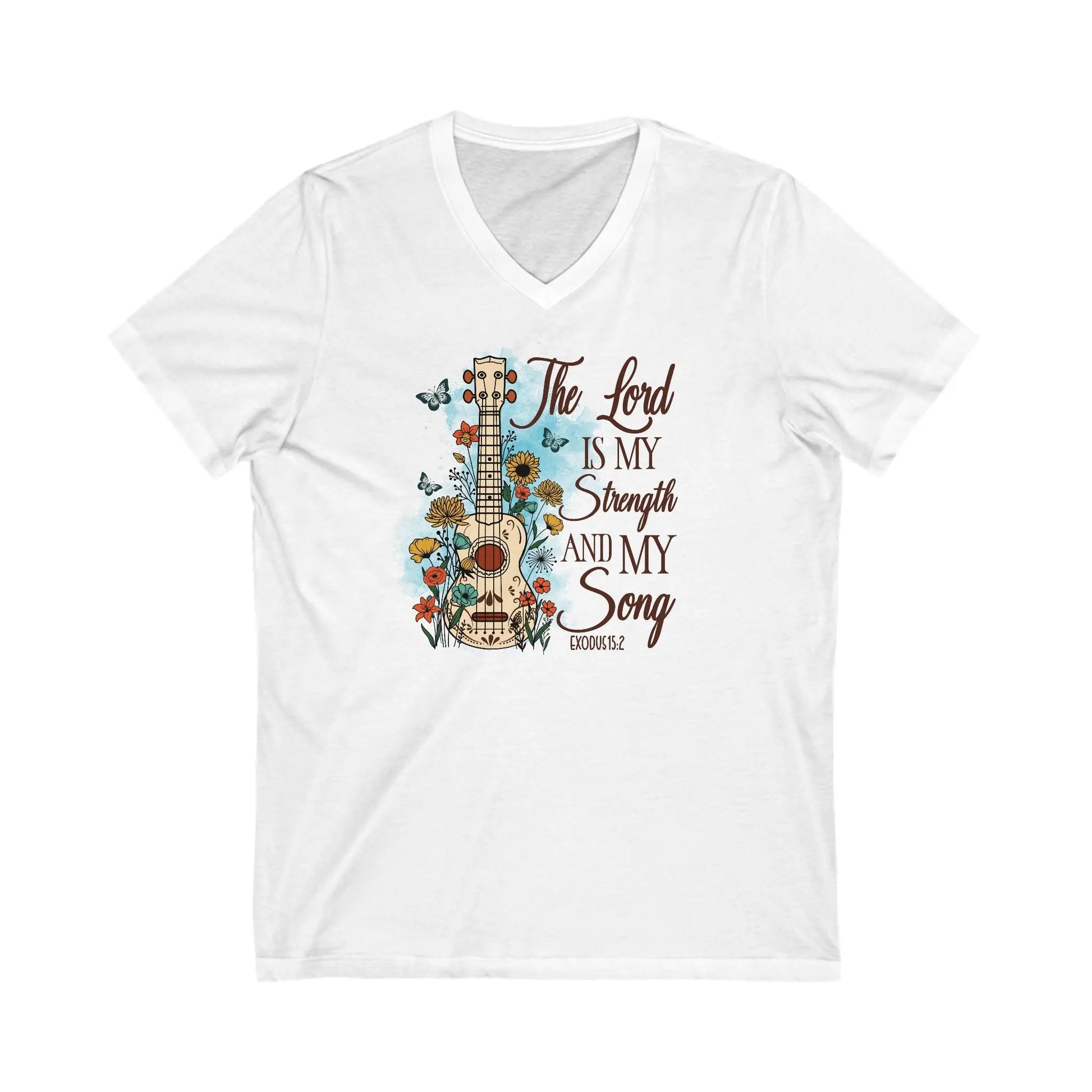 The Lord Is My Strength and My Song V-Neck Christian Shirt Printify