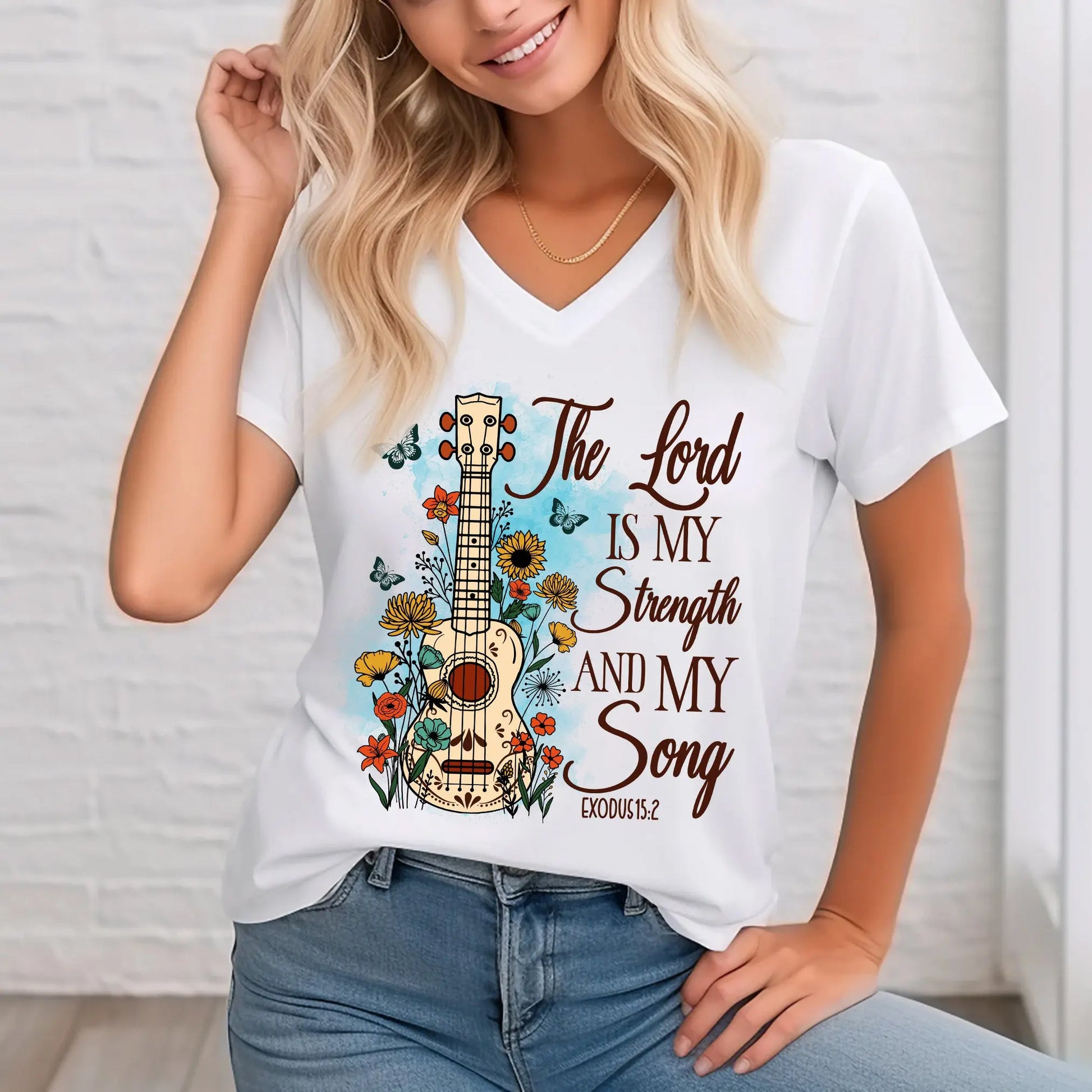 The Lord Is My Strength and My Song V-Neck Christian Shirt Printify