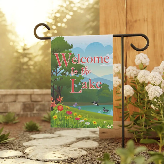 Welcome to the Lake Garden Flag - Loons and Flowers - Amazing Faith Designs