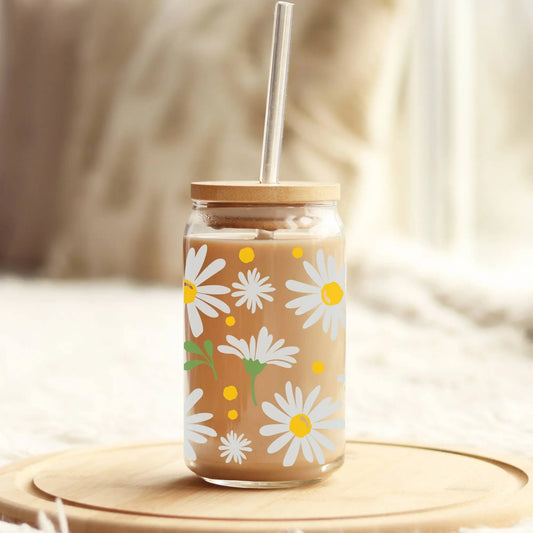 White Daisy Iced Coffee Cup with Lid & Straw, 16oz Tumbler, Cute Boho Iced Coffee Glass Amazing Faith Designs