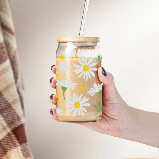 White Daisy Iced Coffee Cup with Lid & Straw, 16oz Tumbler, Cute Boho Iced Coffee Glass Amazing Faith Designs
