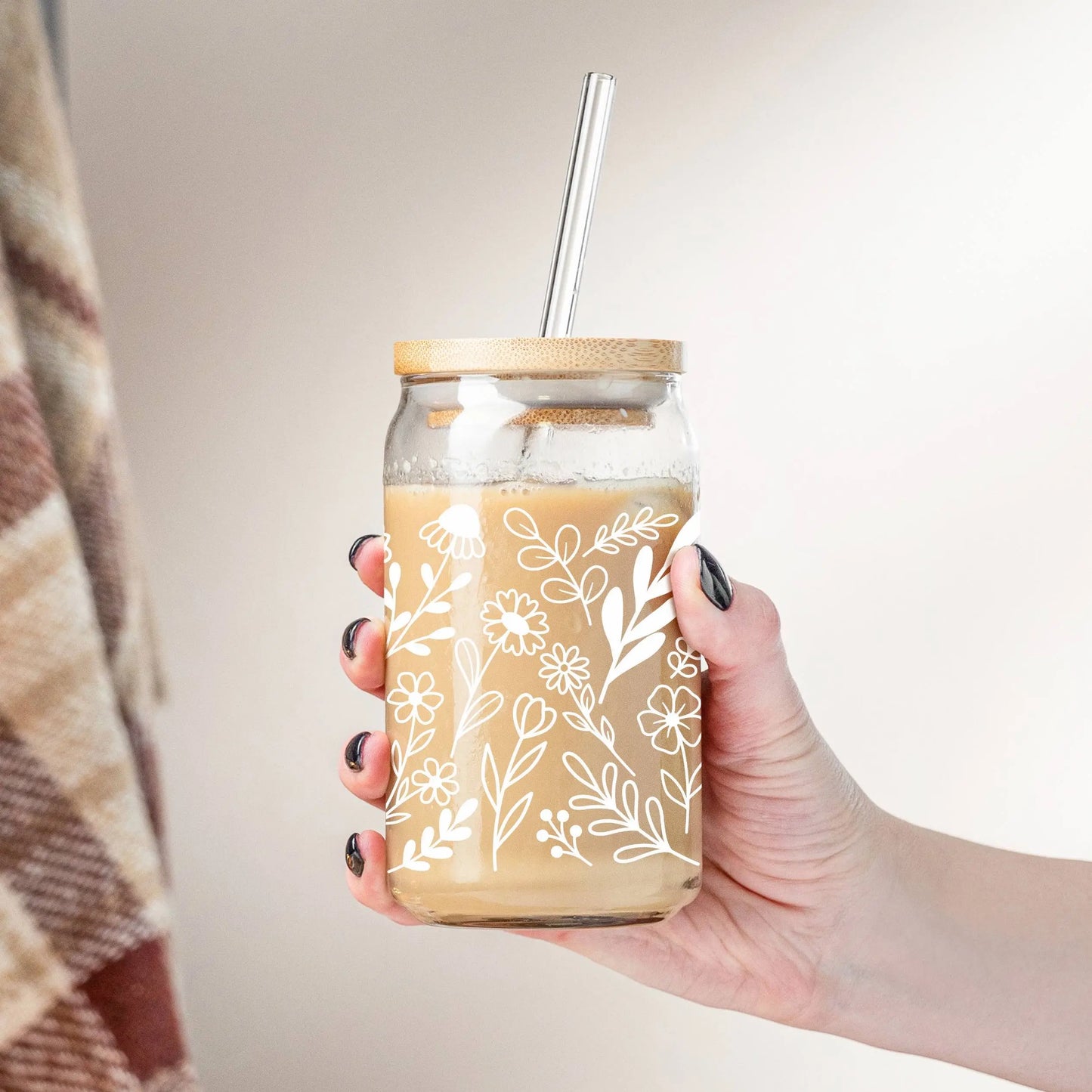 Wildflower Iced Coffee Cup with Lid & Straw, 16oz Tumbler, Cute Boho Iced Coffee Glass Amazing Faith Designs