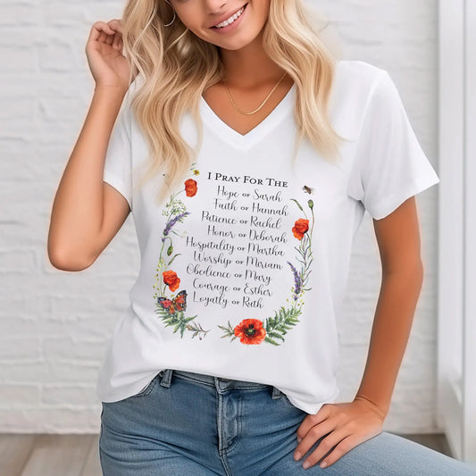 Women of the Bible V-neck Christian T-shirt | Sarah Hannah Mary Rebekah Esther Ruth Printify
