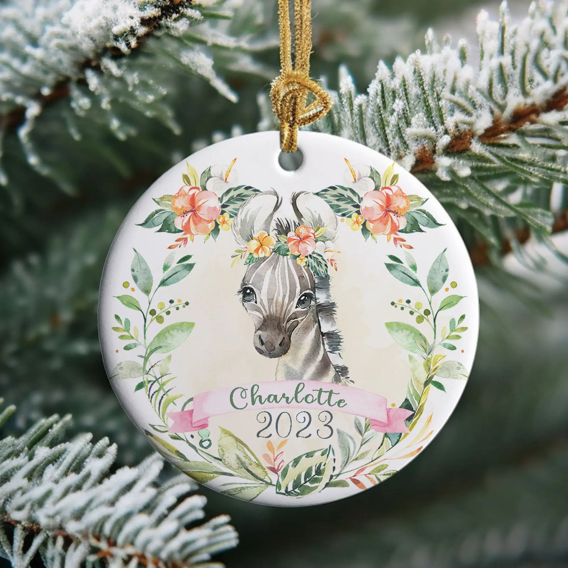 Zebra Girls Personalized Ceramic Ornament, Baby's First Christmas Ornament Printify