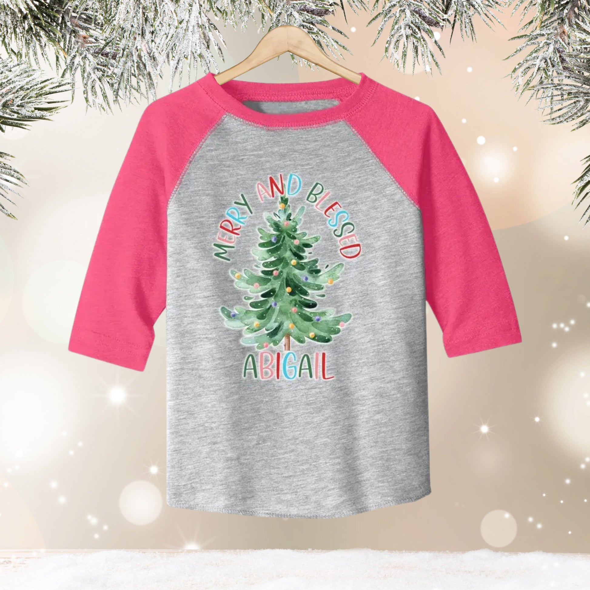 Merry and Blessed Personalized Christmas Toddler Baseball Jersey 3/4 Sleeve Tee - Amazing Faith Designs