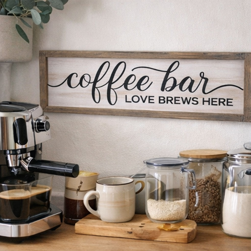Coffee Bar Love Brews Here Rustic Wood Sign - Amazing Faith Designs