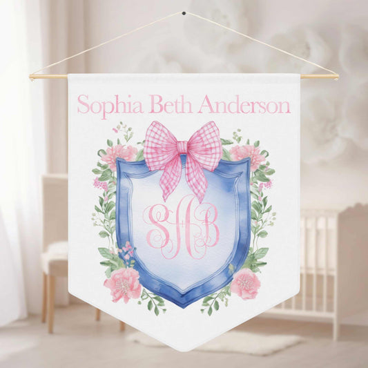 Custom Baby Banner | Blue Crest with Pink Gingham Nursery Pennant - Amazing Faith Designs