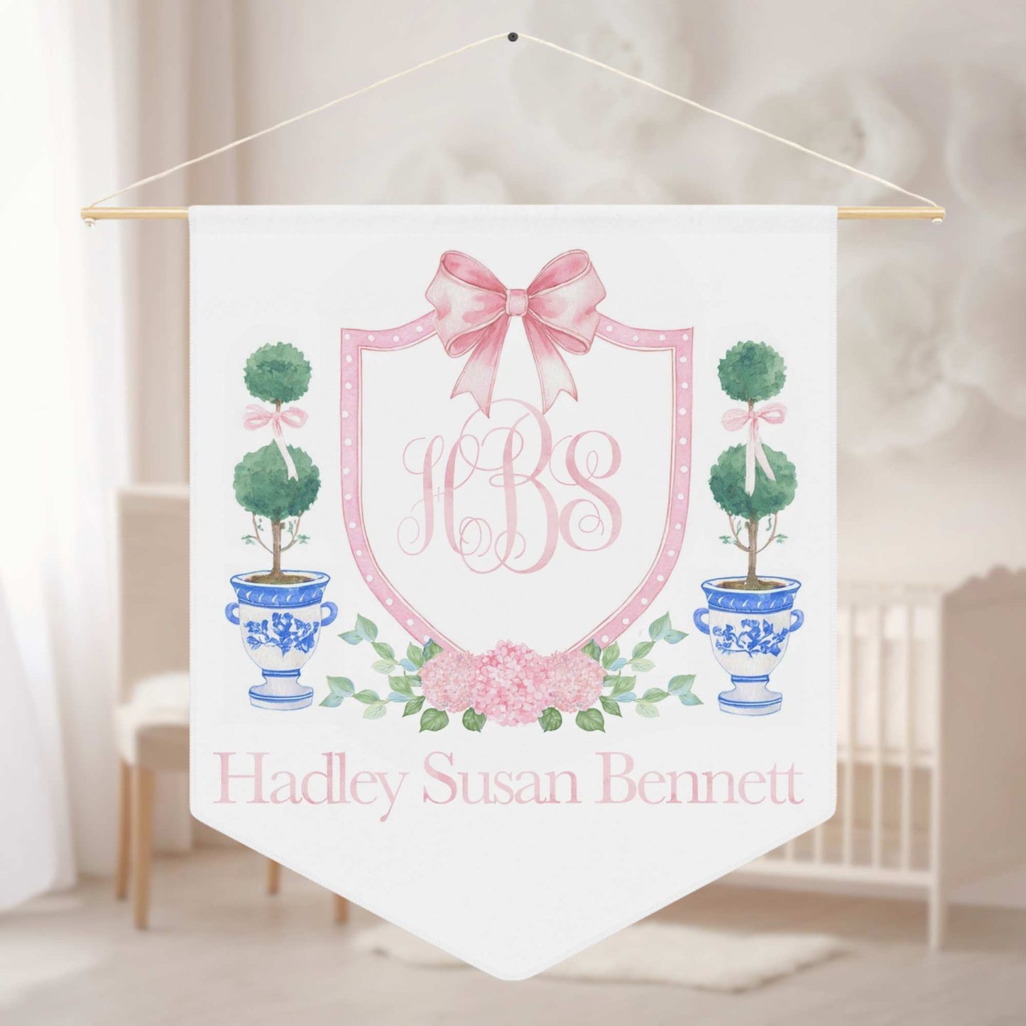 Custom Baby Banner, Pink Crest Nursery Pennant - Amazing Faith Designs