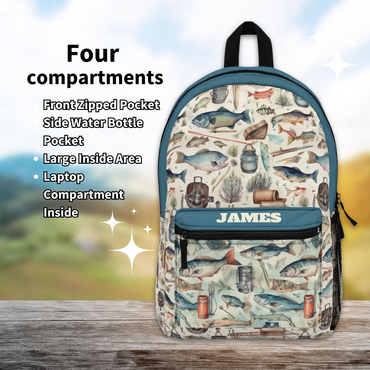 Fishing Personalized Backpack With Water Bottle Pocket