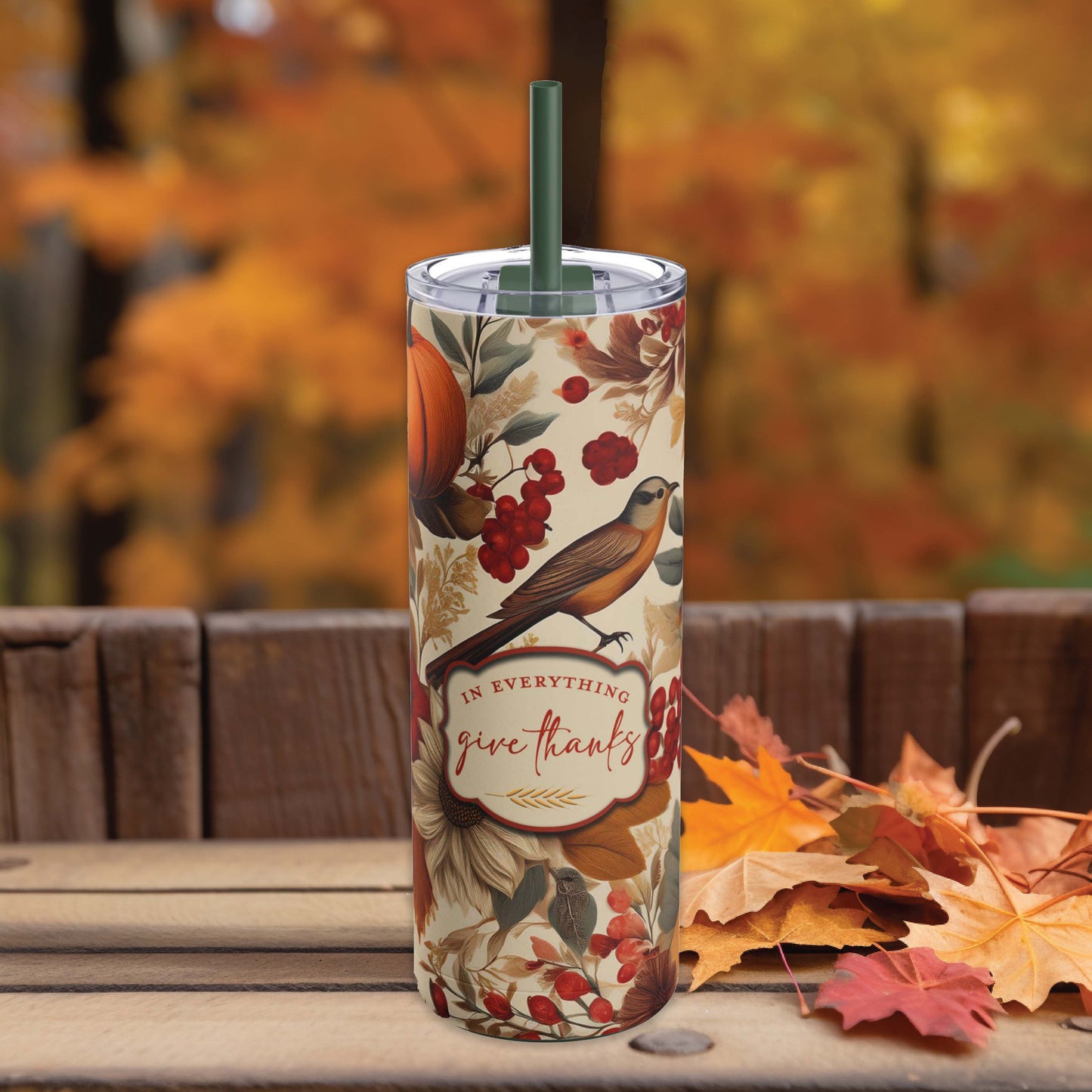 Give Thanks Skinny Tumbler with Straw, 20oz - Amazing Faith Designs