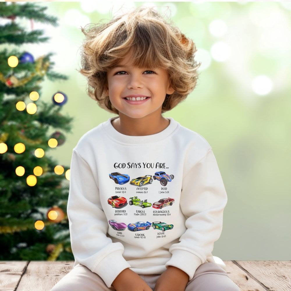 God Says You Are – Cars Affirmation Christian Toddler Sweatshirt - Amazing Faith Designs