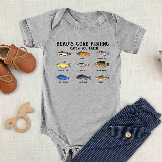 Gone Fishing Personalized Infant Onesie - Amazing Faith Designs