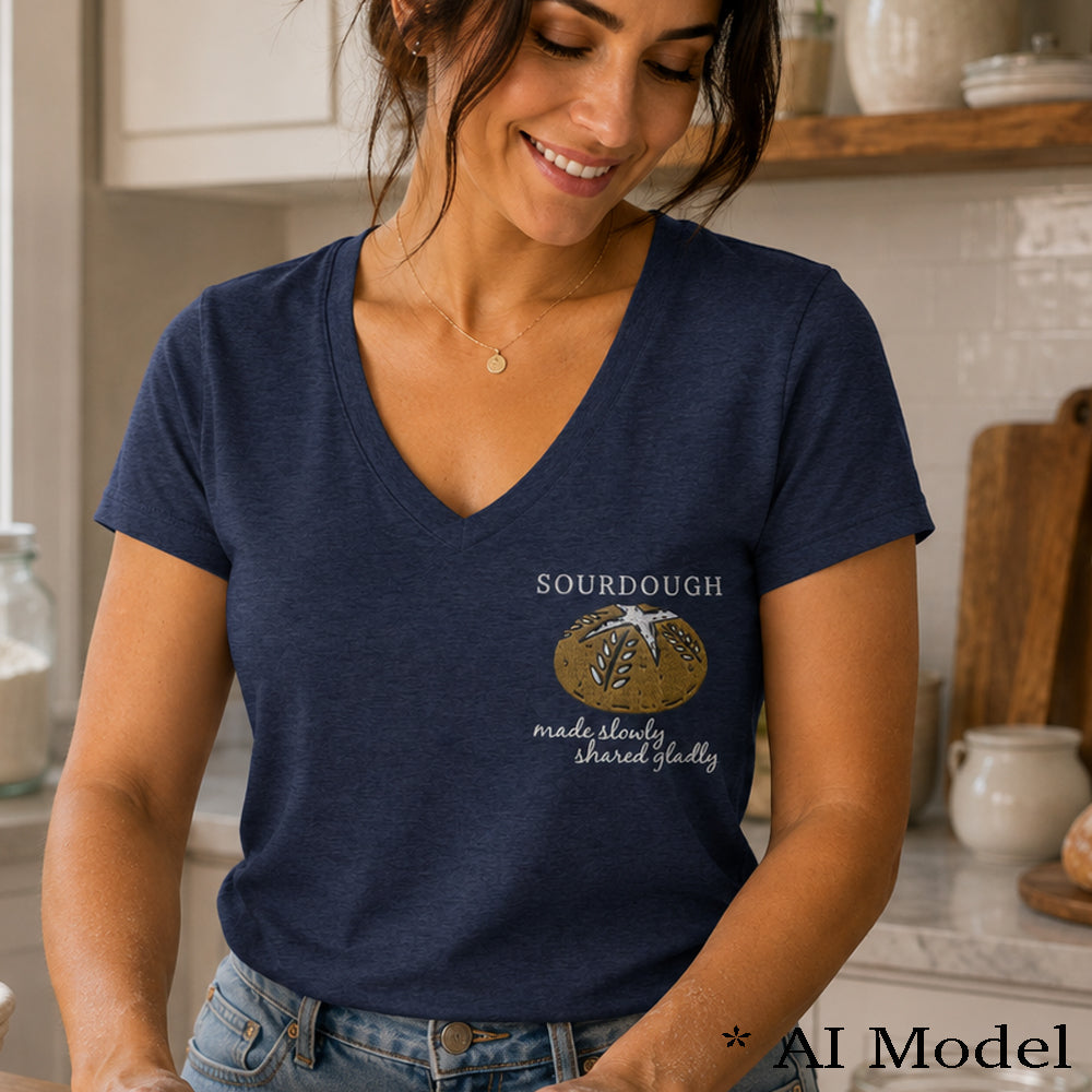 Embroidered Sourdough Women’s Vneck Shirt – Made Slowly, Shared Gladly