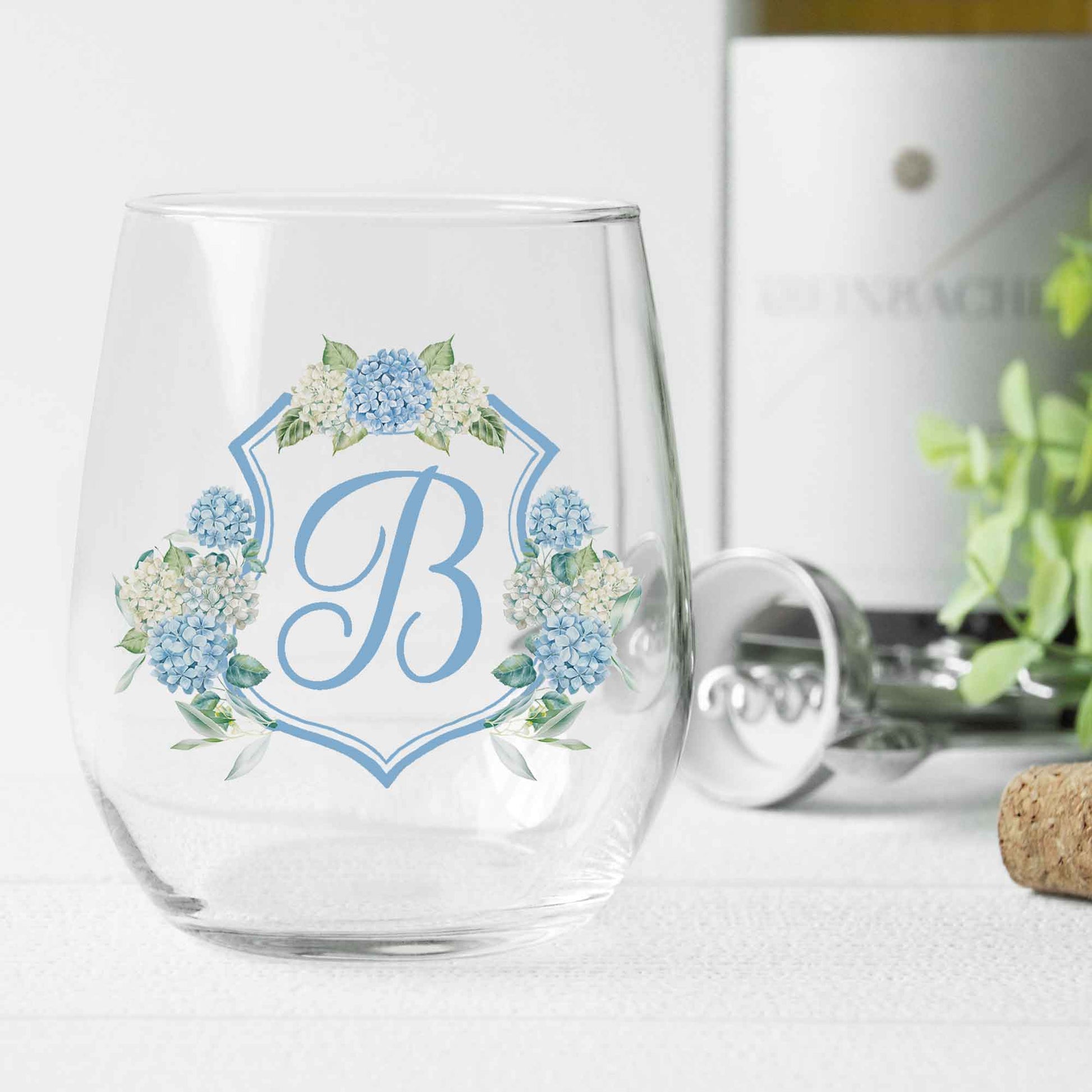 Hydrangea Wedding Crest Monogram Stemless Wine Glass, 11.75oz - Amazing Faith Designs