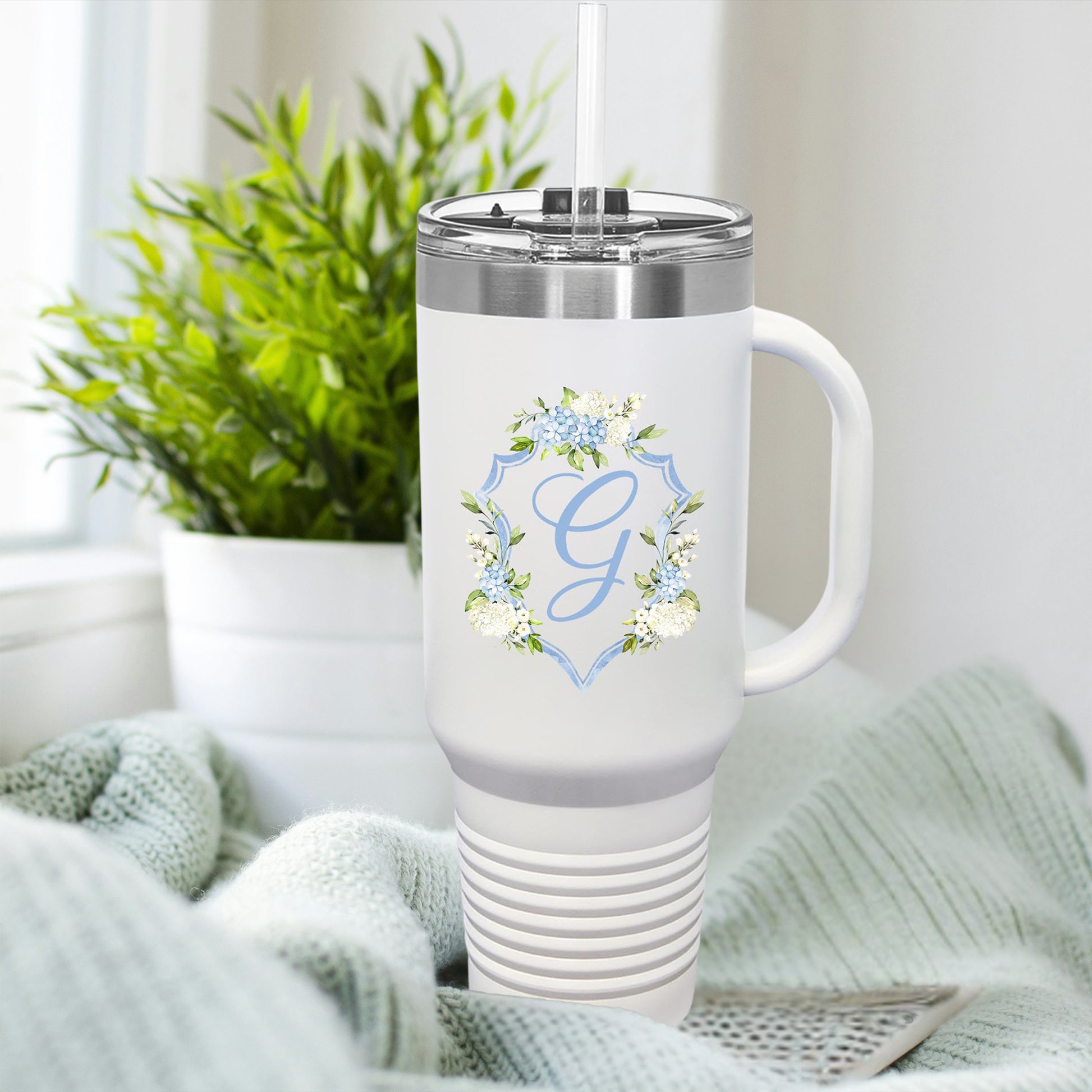 Hydrangea Wedding Crest Insulated Travel Mug, 40oz - Amazing Faith Designs