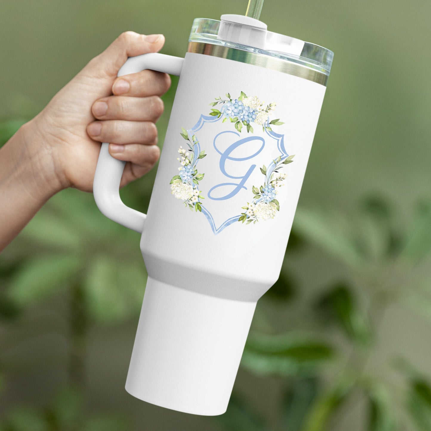 Hydrangea Wedding Crest Insulated Travel Mug, 40oz - Amazing Faith Designs