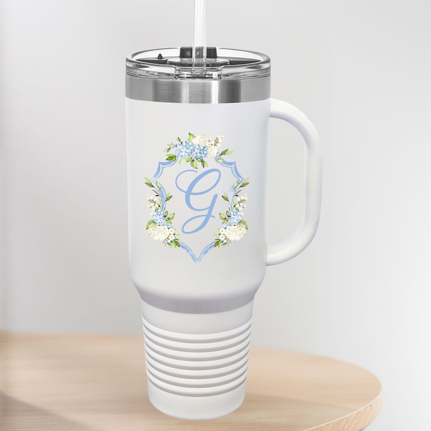 Hydrangea Wedding Crest Insulated Travel Mug, 40oz - Amazing Faith Designs