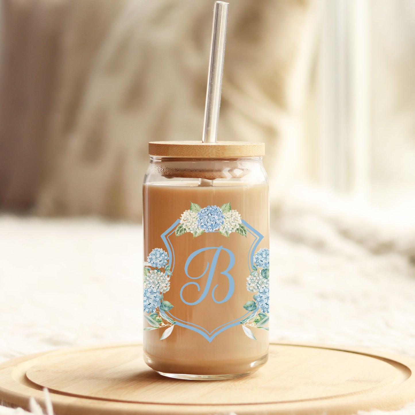 Hydrangea Wedding Crest Monogram Iced Coffee Glass - Amazing Faith Designs