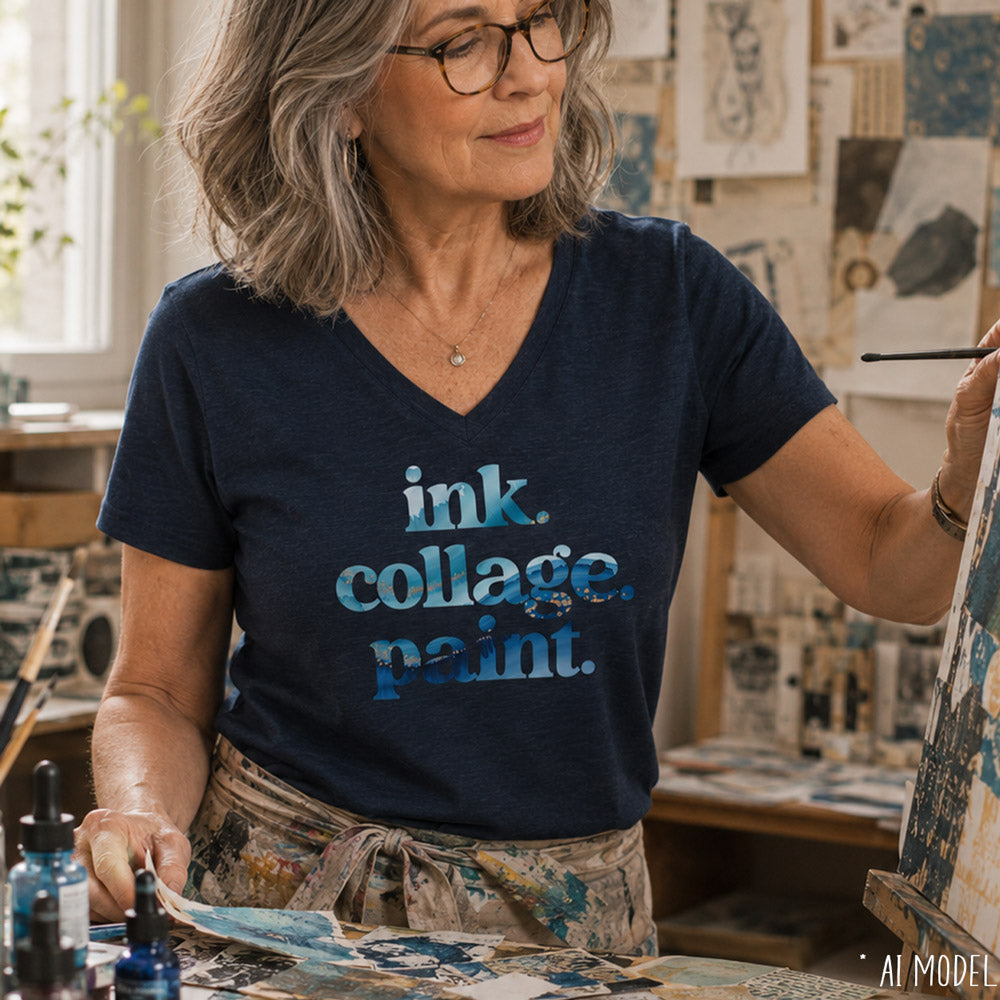 Ink Collage Paint Women's V-Neck T-Shirt for Mixed Media Artists