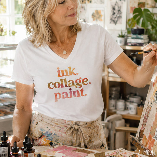 Ink Collage Paint Women's V-Neck T-Shirt for Mixed Media Artists