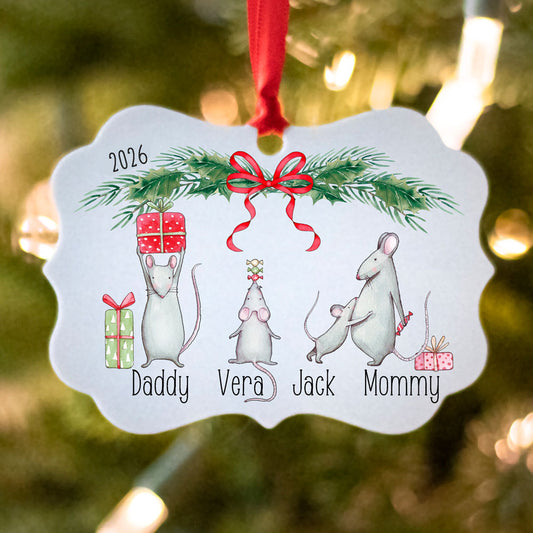 Personalized Mouse Family Christmas Ornament – Choose Your Mice, Names, Year