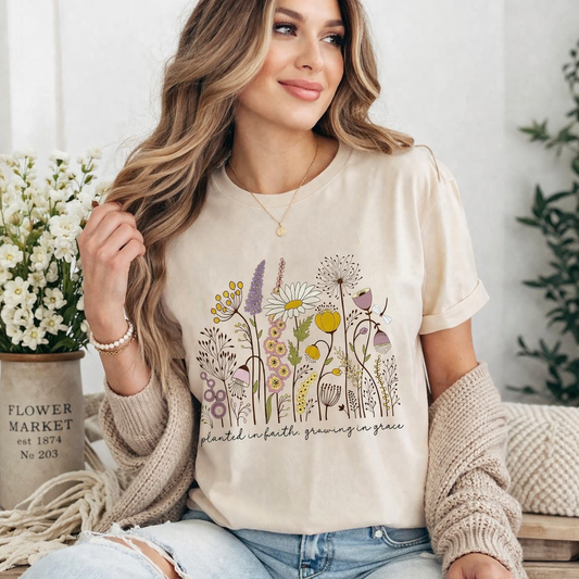 Planted in Faith wildflower Christian t-shirt for women in Bella Canvas spring floral design