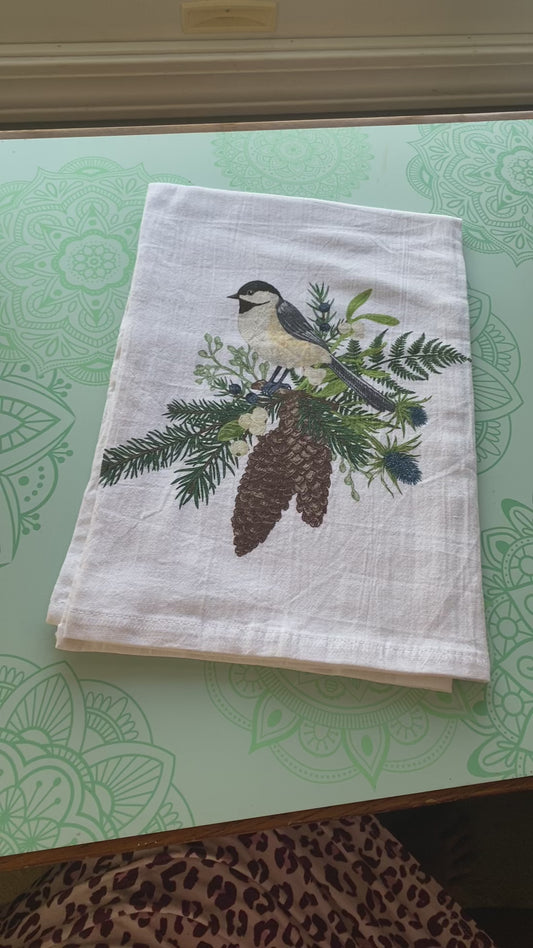 chickadee tea towel video- amazing faith designs