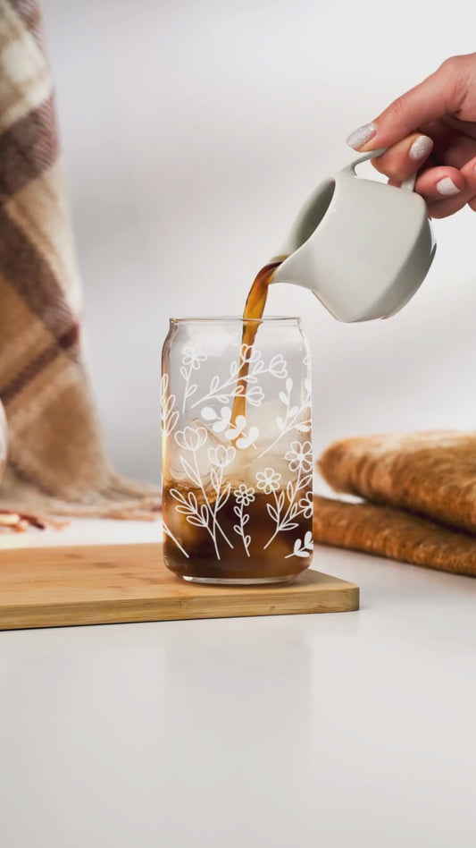 Wildflower Iced Coffee Cup with Lid & Straw, 16oz Tumbler, Cute Boho Iced Coffee Glass