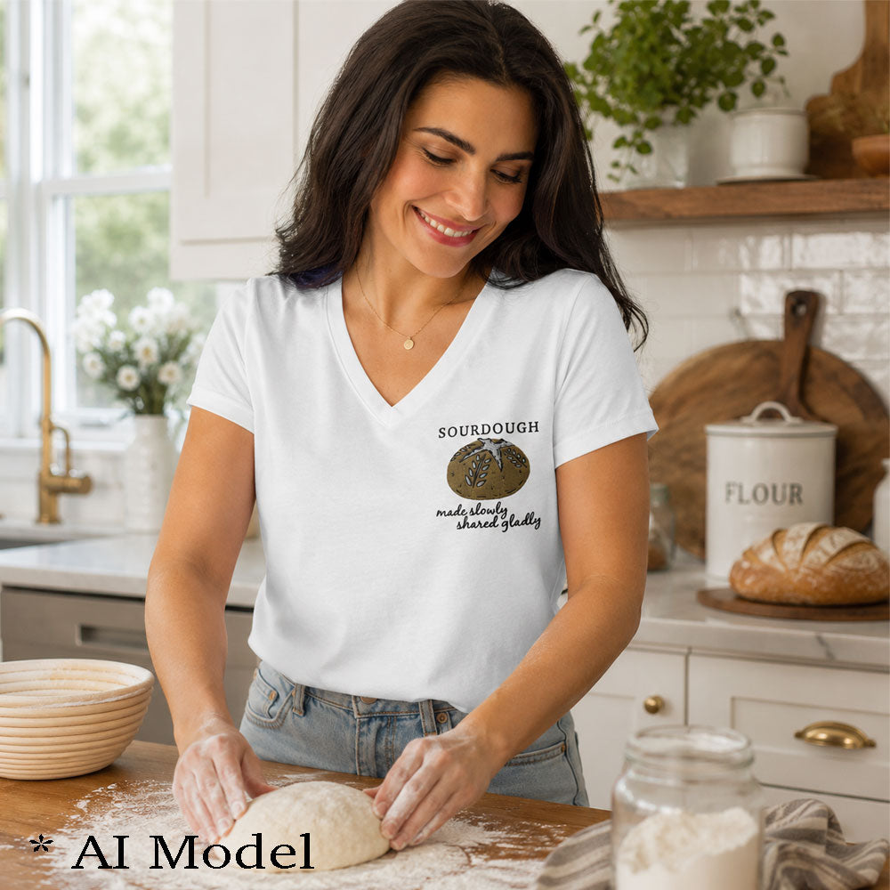 Embroidered Sourdough Women’s Vneck Shirt – Made Slowly, Shared Gladly
