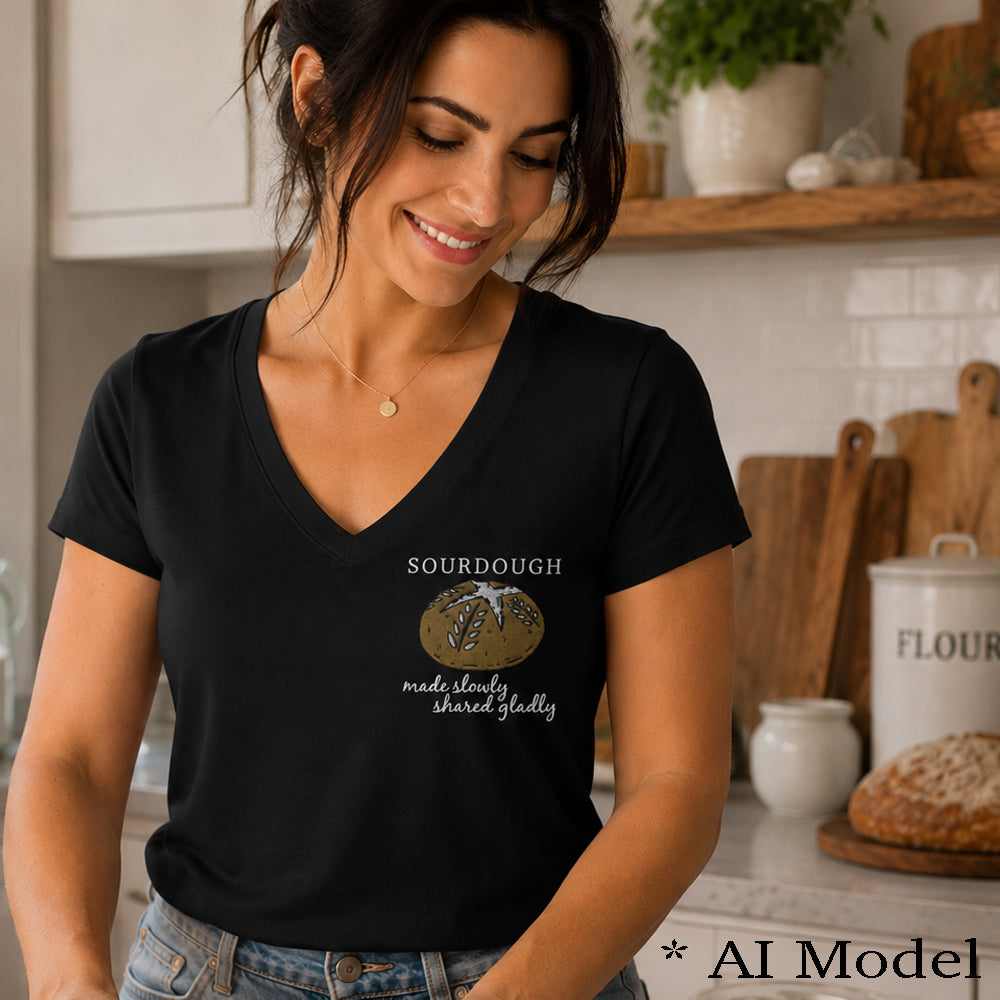 Embroidered Sourdough Women’s Vneck Shirt – Made Slowly, Shared Gladly