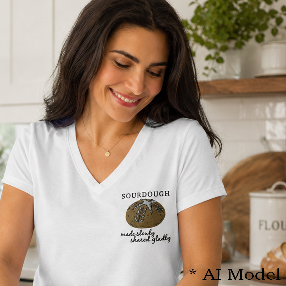 Embroidered Sourdough Women’s Vneck Shirt – Made Slowly, Shared Gladly