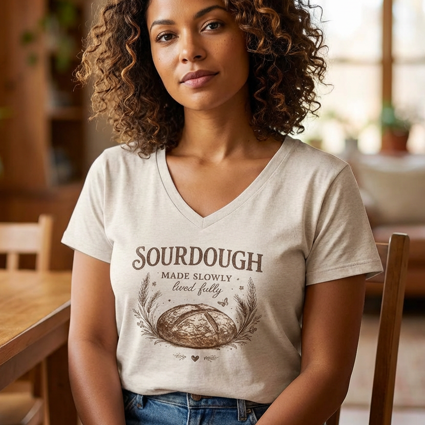Woman wearing a t-shirt with 'Sourdough Made Slowly, Lived Fully' text and bread graphic in a home setting.