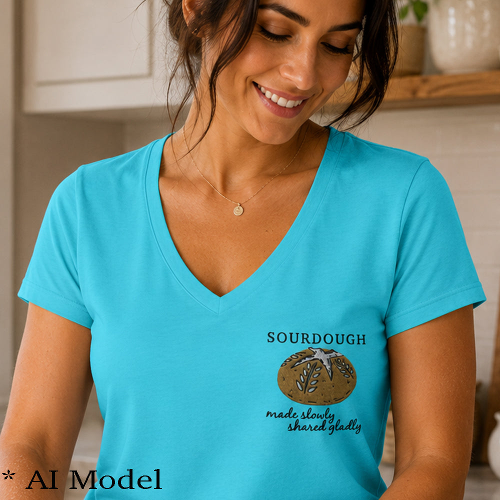 Embroidered Sourdough Women’s Vneck Shirt – Made Slowly, Shared Gladly