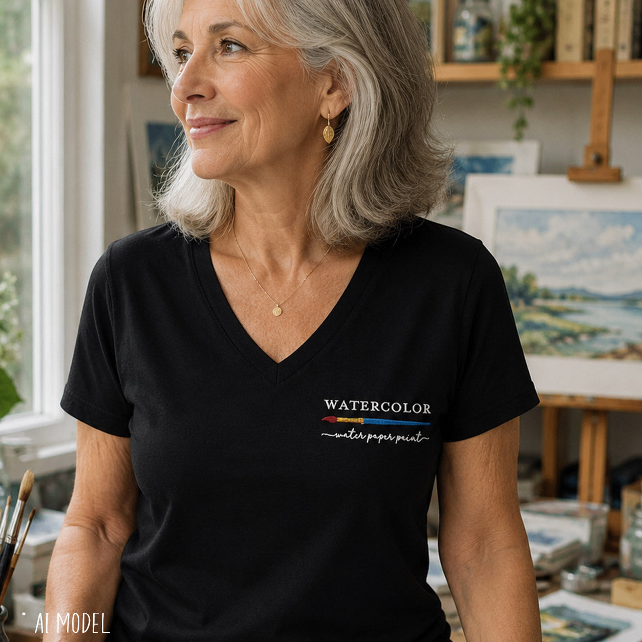 Watercolor Artist Embroidered Women’s Relaxed V-neck T-shirt
