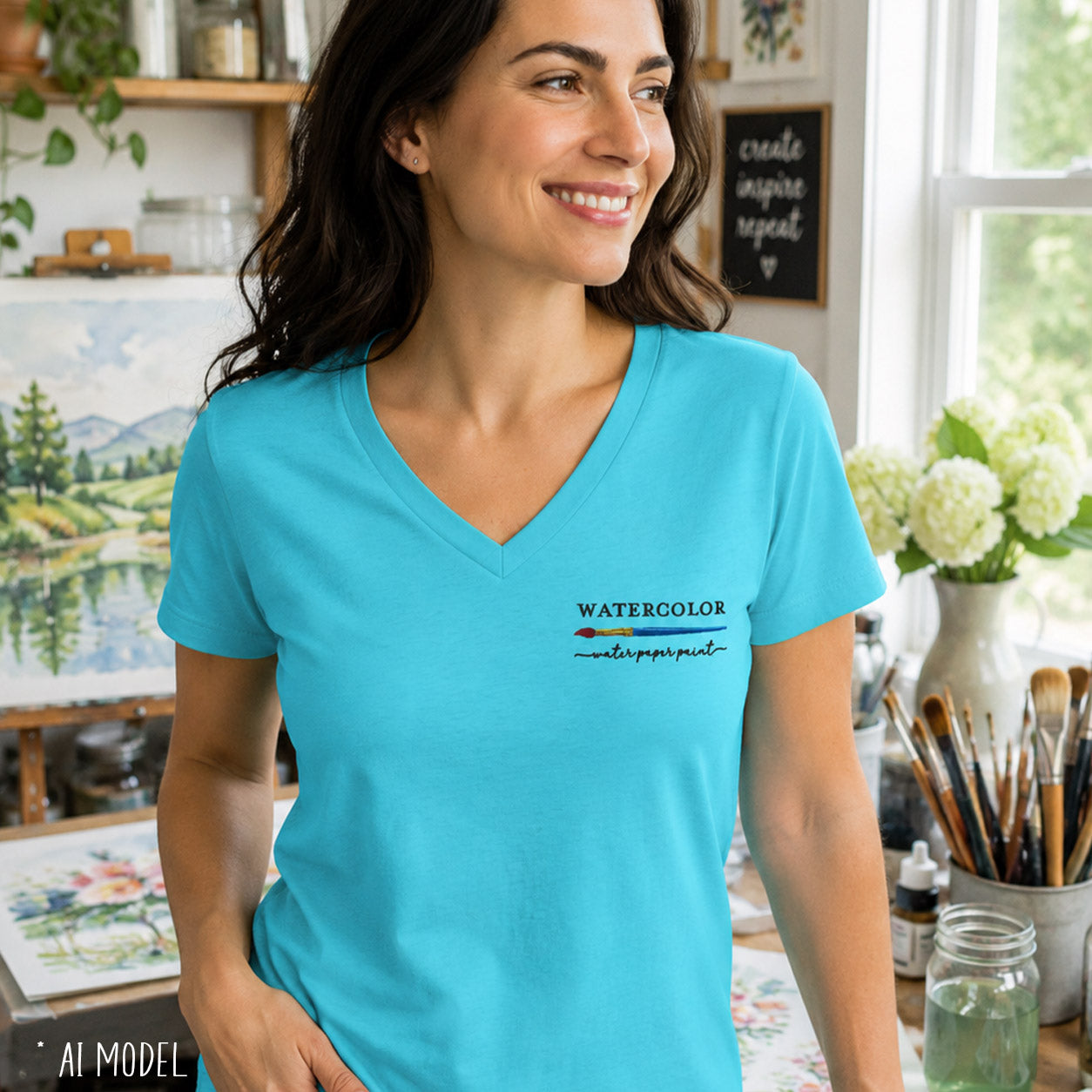 Watercolor Artist Embroidered Women’s Relaxed V-neck T-shirt