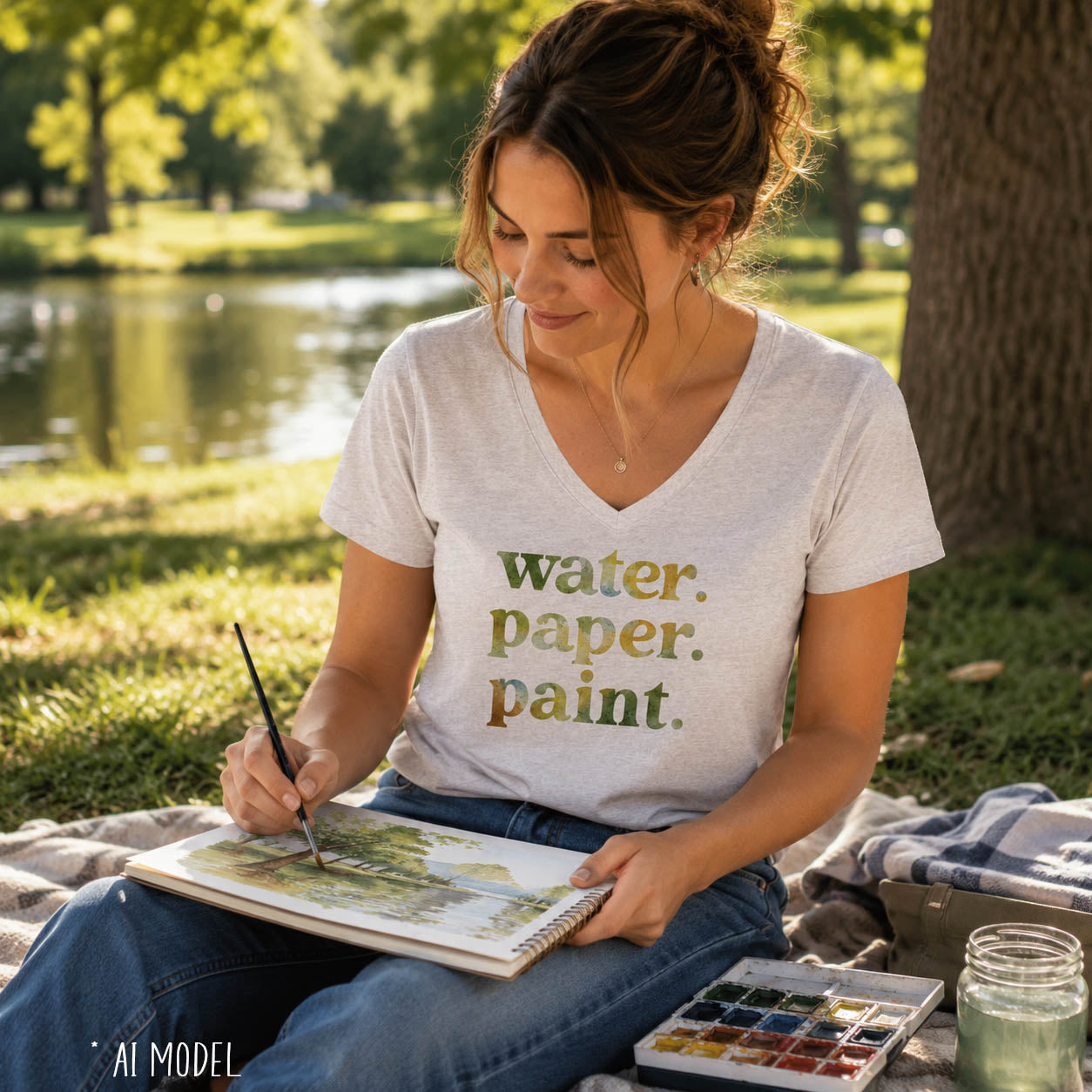 Water. Paper. Paint. Watercolor Artist V-Neck T-Shirt