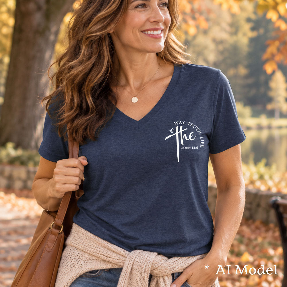 Way Truth Life Christian Women’s V-Neck T-Shirt | John 14:6