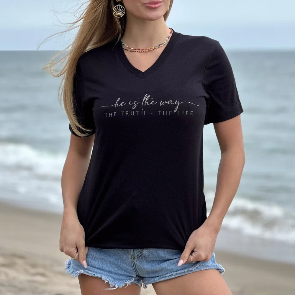 He is the Way Truth Life Christian V-Neck Tee - Amazing Faith Designs