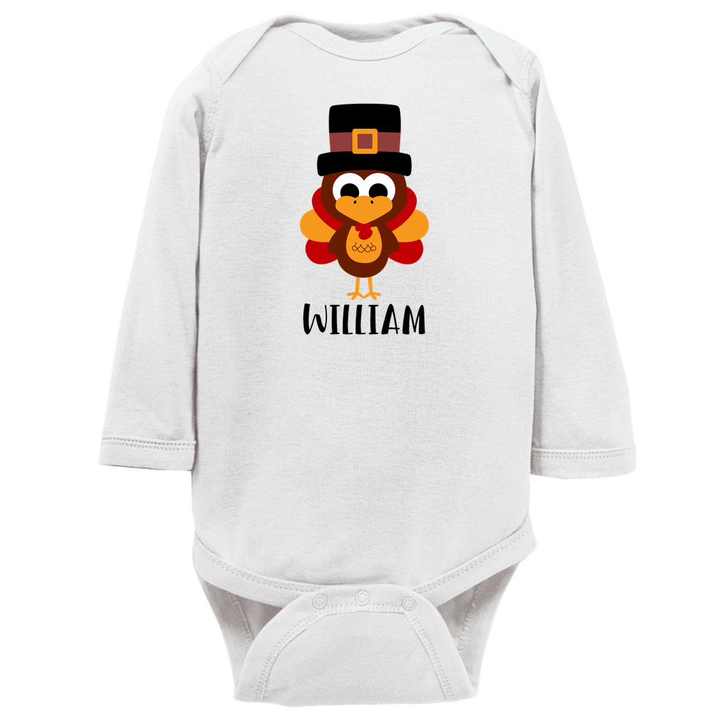 Turkey Personalized Long Sleeve Onesie, Baby's First Thanksgiving - Boys Amazing Faith Designs