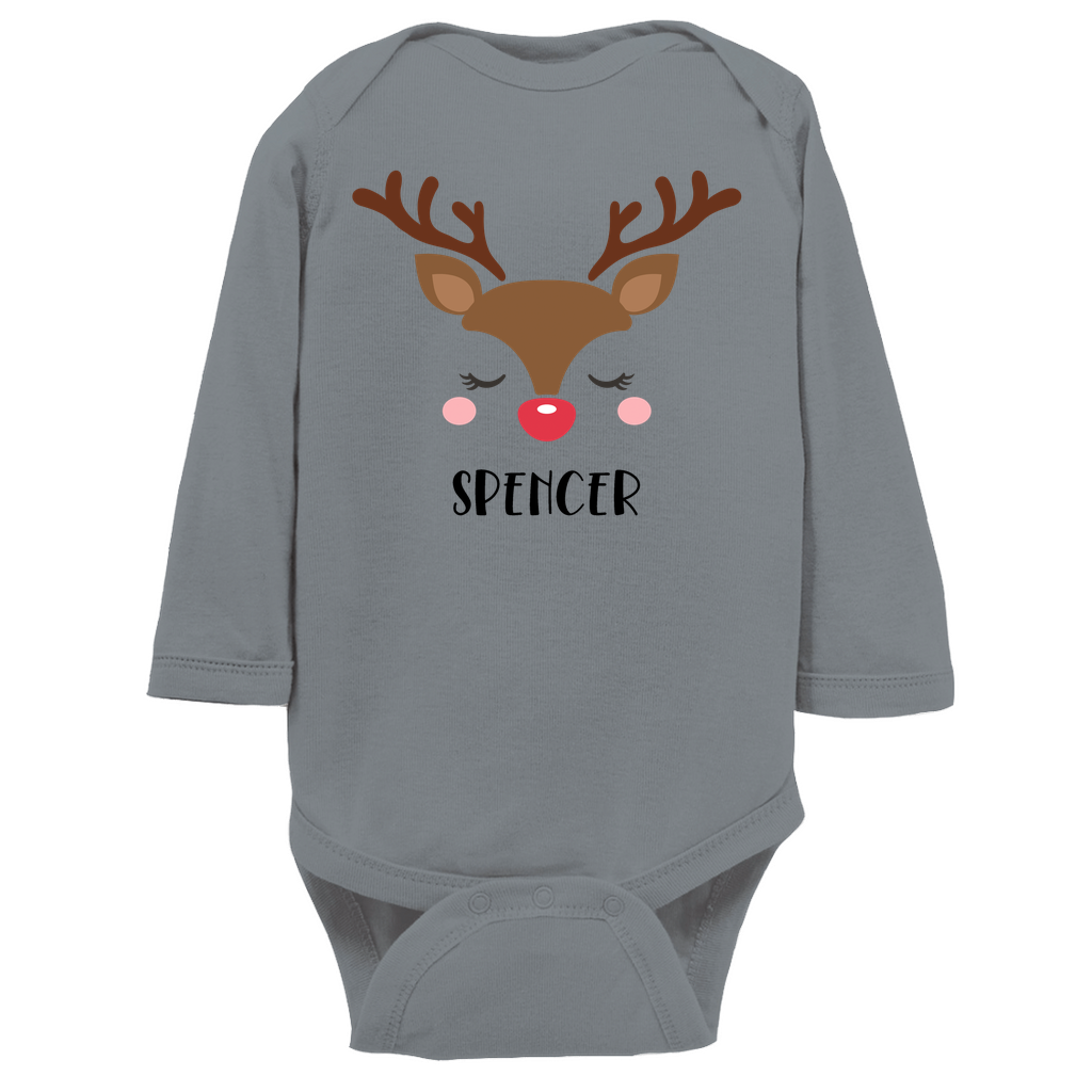 Reindeer Christmas Personalized Long Sleeve Onesie - Baby Boy Amazing Faith Designs