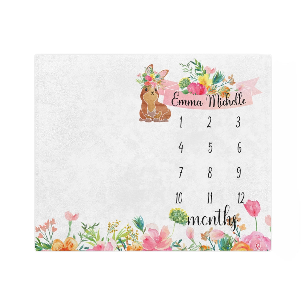 Personalized Baby Milestone Minky Blanket with Pink Floral Bunny Printify