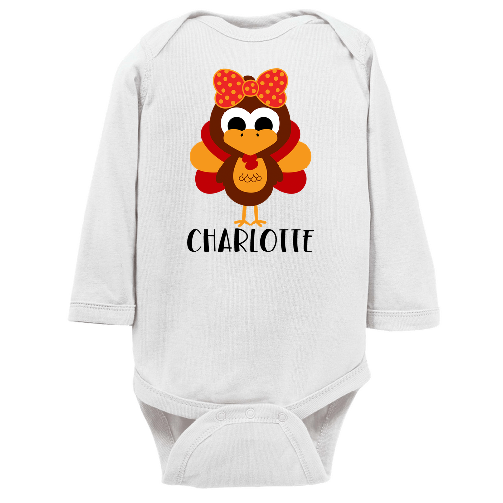 Turkey Personalized Long Sleeve Onesie, Baby's First Thanksgiving - Girls - Amazing Faith Designs