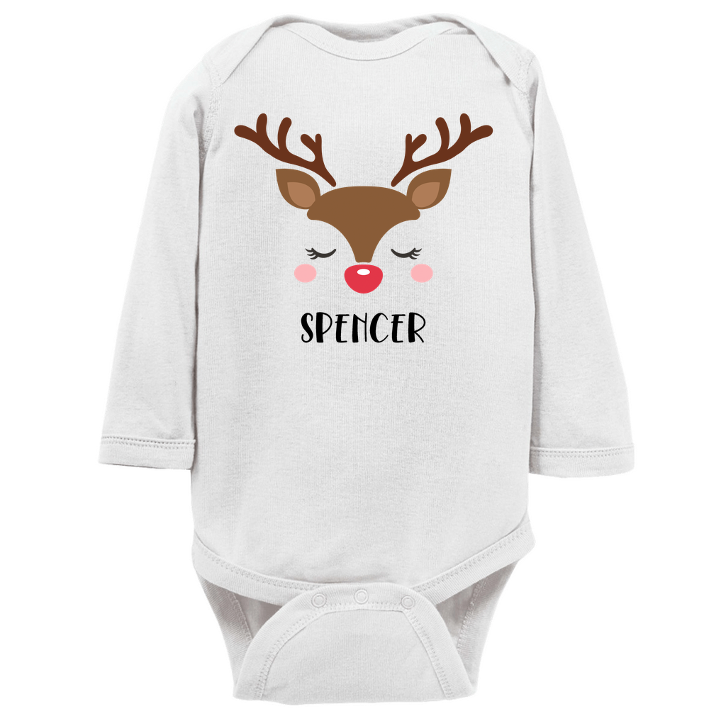 Reindeer Christmas Personalized Long Sleeve Onesie - Baby Boy Amazing Faith Designs