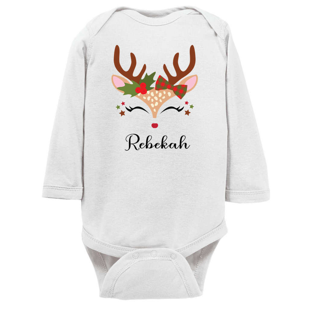 Reindeer Christmas Personalized Long Sleeve Onesie - Baby Girl - Amazing Faith Designs
