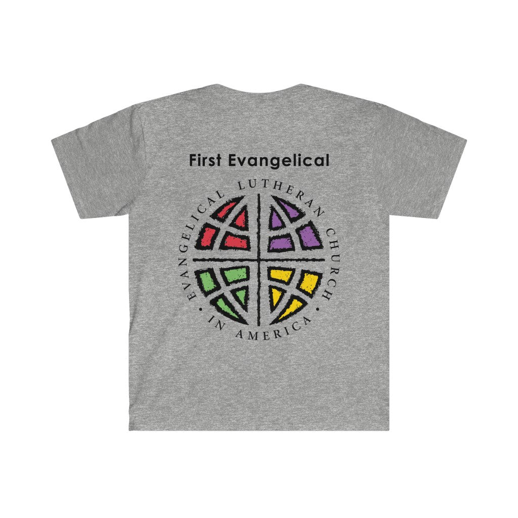 First Lutheran Unisex Softstyle T-Shirt, ELCA, God's Work Our Hands. Church Serving Shirt Printify
