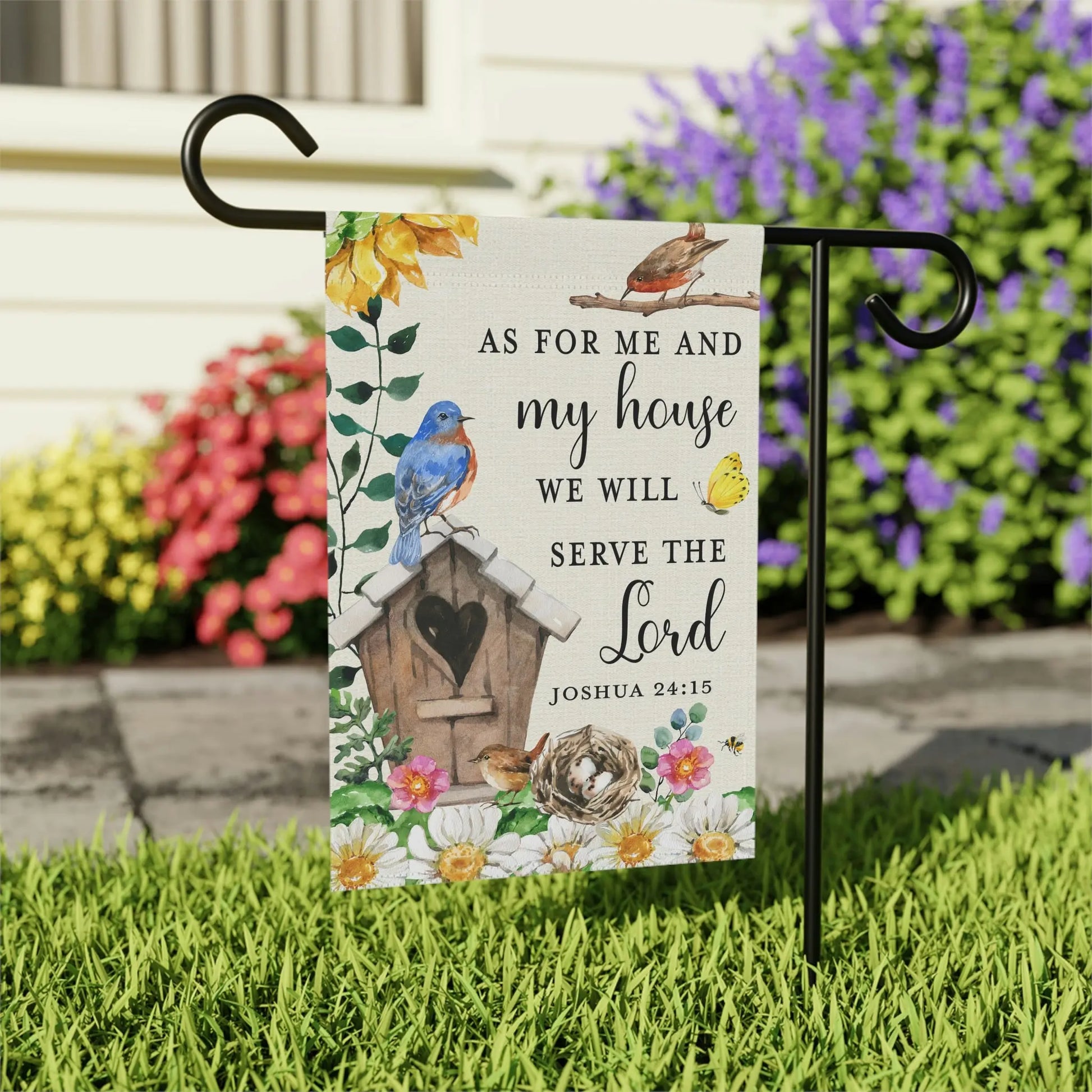 As For Me and My House Birds Birdhouse Scripture Garden Flag Printify