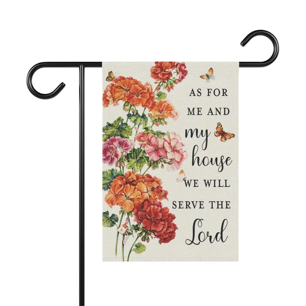 As For Me and My House Geraniums Butterflies Scripture Garden Flag Printify