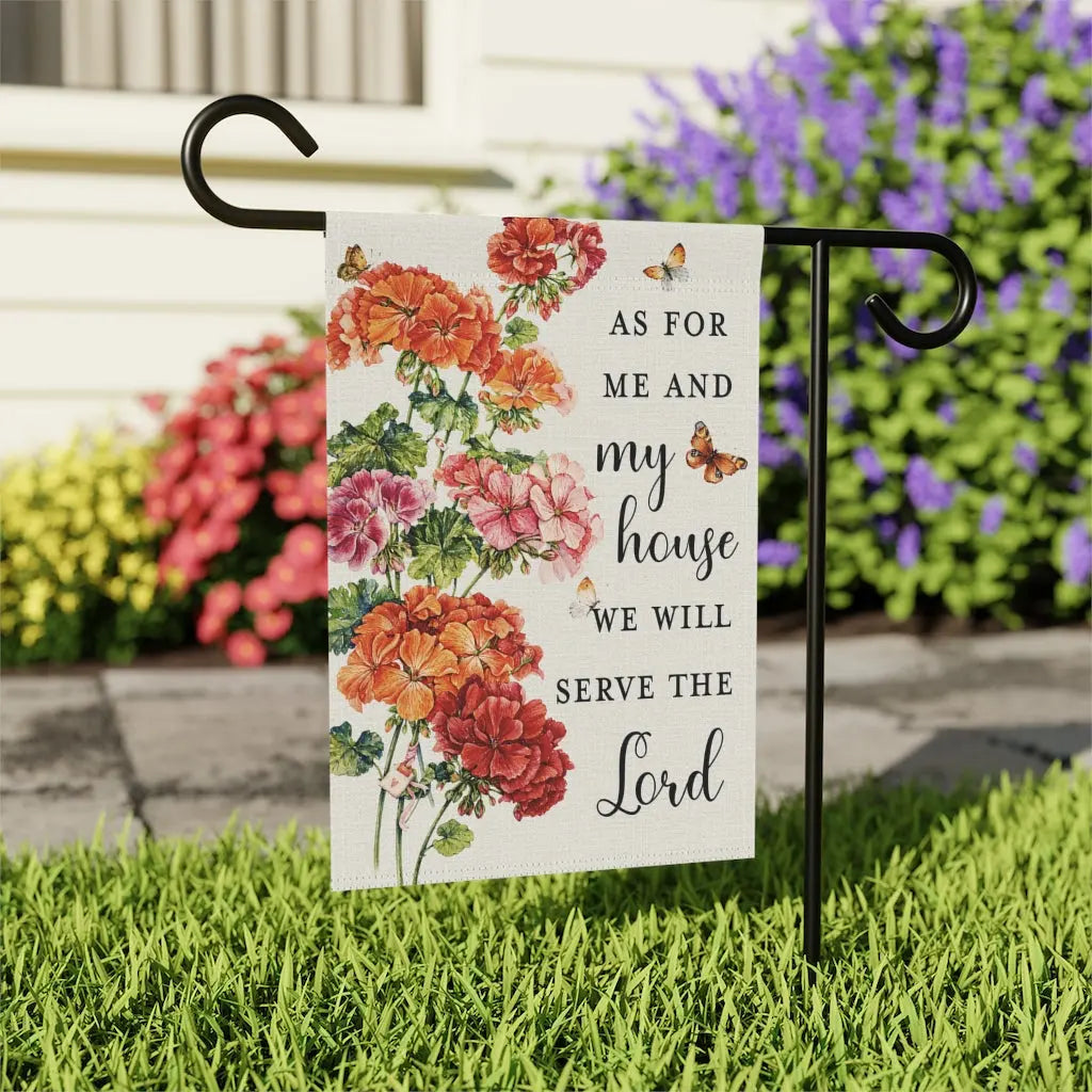 As For Me and My House Geraniums Butterflies Scripture Garden Flag Printify
