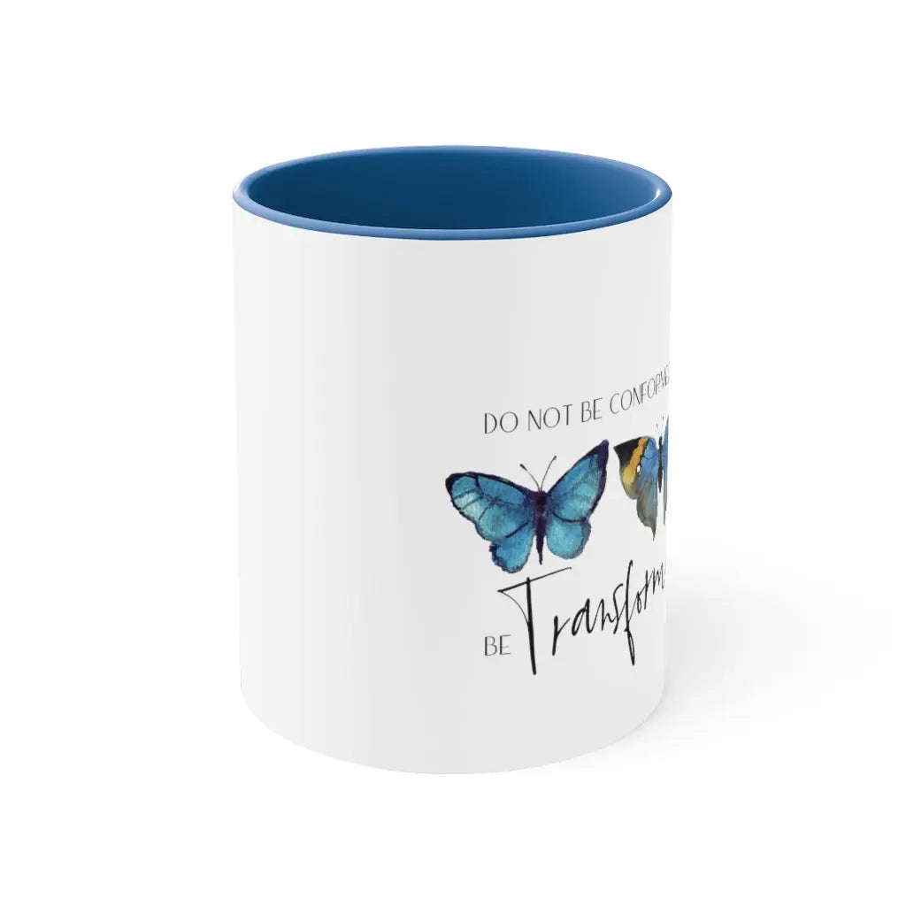 Be Transformed Scripture Blue Accent Coffee Mug 11oz, Christian Mug, Scripture Mug, Christian Faith Gift Printify