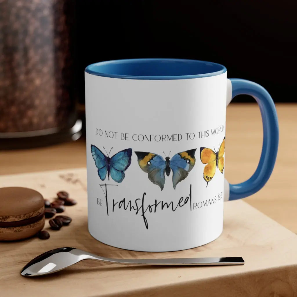 Be Transformed Scripture Blue Accent Coffee Mug 11oz, Christian Mug, Scripture Mug, Christian Faith Gift Printify